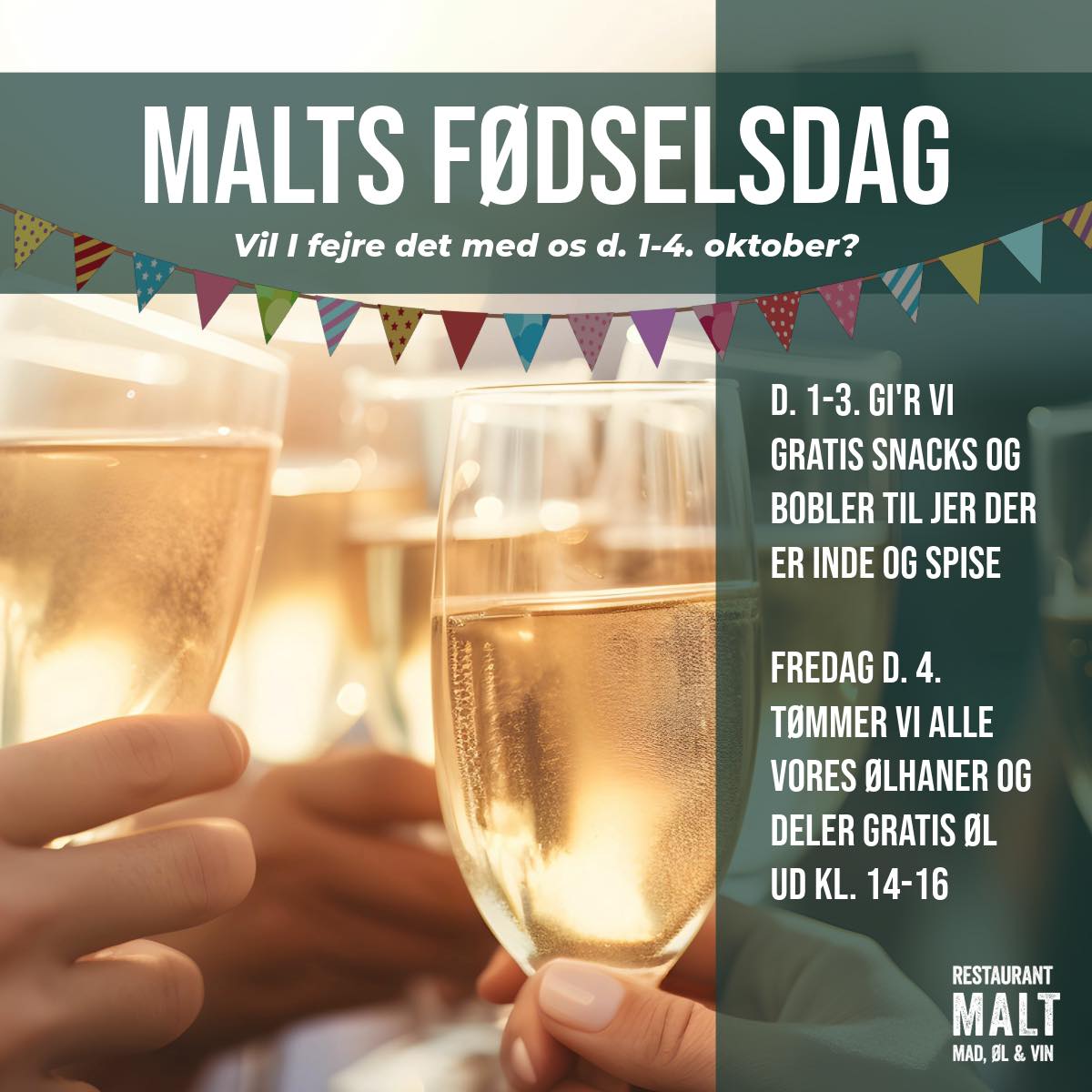 ❤️ Malts fødselsdagsuge ❤️

Vi fylder 7 år! HURRA og SKÅL. Vil I fejre det med os?

1., 2. og 3. oktober gi’r vi GRATIS snacks og bobler til jer der er inde og spise - fødselsdagsskål og lækre bidder 🥂 Måske dit bord allerede skal bookes nu?

Fredag d. 4. oktober tømmer vi ALLE vores ølhaner og deler GRATIS øl ud i tidsrummet kl. 14-16. Det bli’r en omgang gratis fødselsdagsbar til alle vores dejlige gæster og naboer - så skynd jer forbi til nogle skønne dråber 🍻

VI GLÆDER OS TIL AT SE JER 🎉